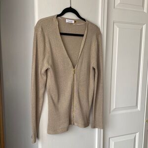 Calvin Klein - Tan Shimmery Zip Up Jacket Knit/Ribbed Sweater Cardigan